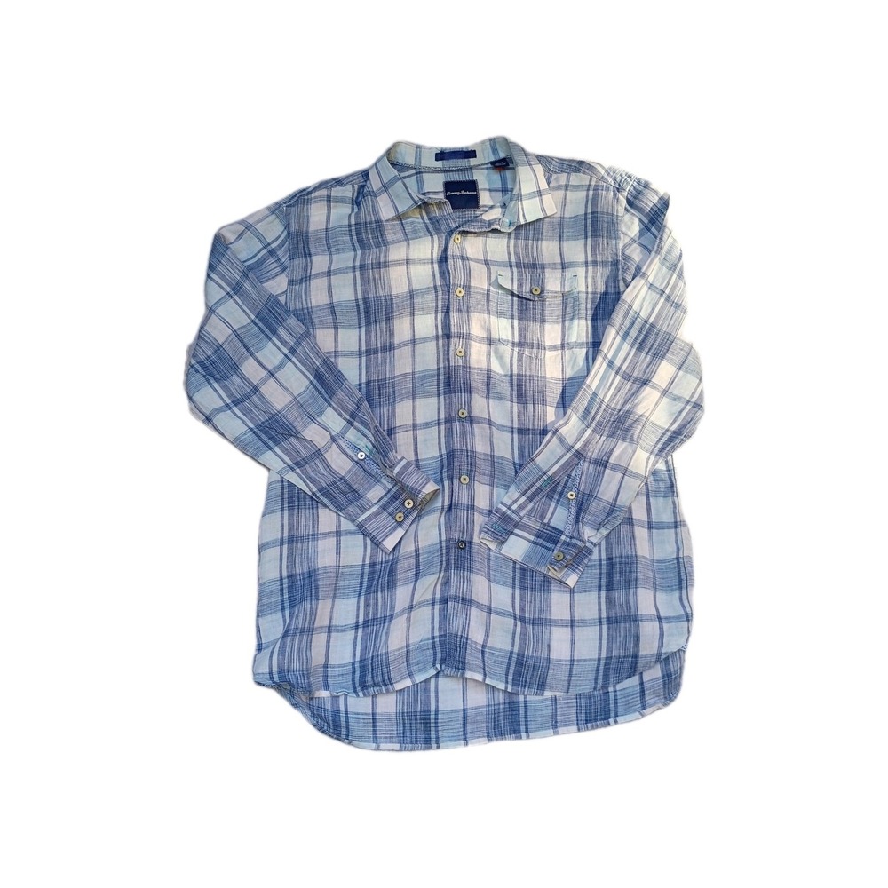 Tommy Bahama Mens Shirt 100% Linen Plaid Blue Long Sleeve XL